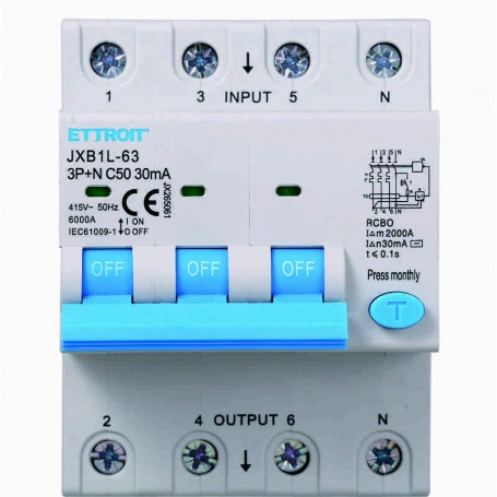 Ettroit Magnetotermico Differenziale 3P+N 50A 30mA 380V-6KA JX265061