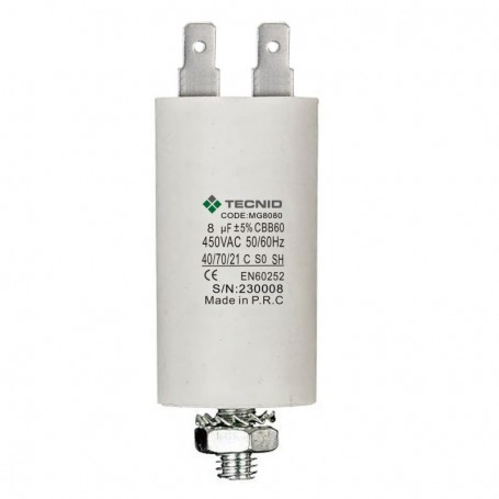 Condensatore Permanente Per Motori Elettrici 8 µF 450V. Dado M8