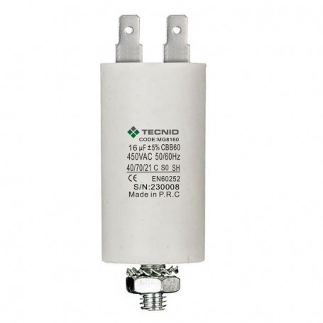Condensatore Permanente Per Motori Elettrici 16 µF 450V. Dado M8