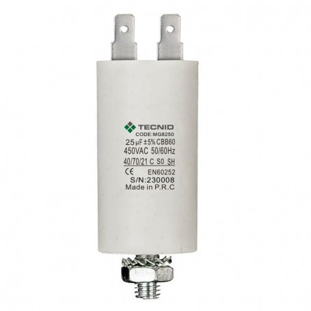 Condensatore Permanente Per Motori Elettrici 25 µF 450V. Dado M8
