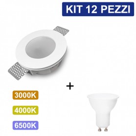 Kit 12 Portafaretto in Gesso Ceramico Rotondo Con Vetro + 12 Lampadine GU10