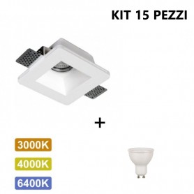 KIT 15 Portafaretti Gesso Ceramico Quadrato da Incasso + 15 Lampadine GU10