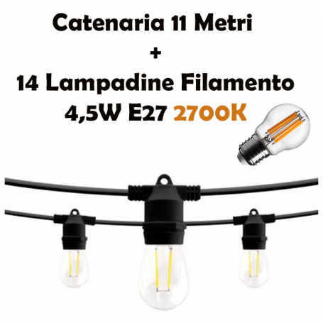 Kit Catenaria di Luci Lineare 11 Metri Completa con 14 Lampadine E27 Nera