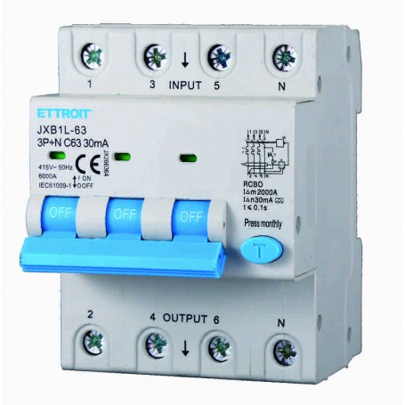 Ettroit Magnetotermico Differenziale 3P+N 63A 30mA 380V-6KA CLASSE A JX266364