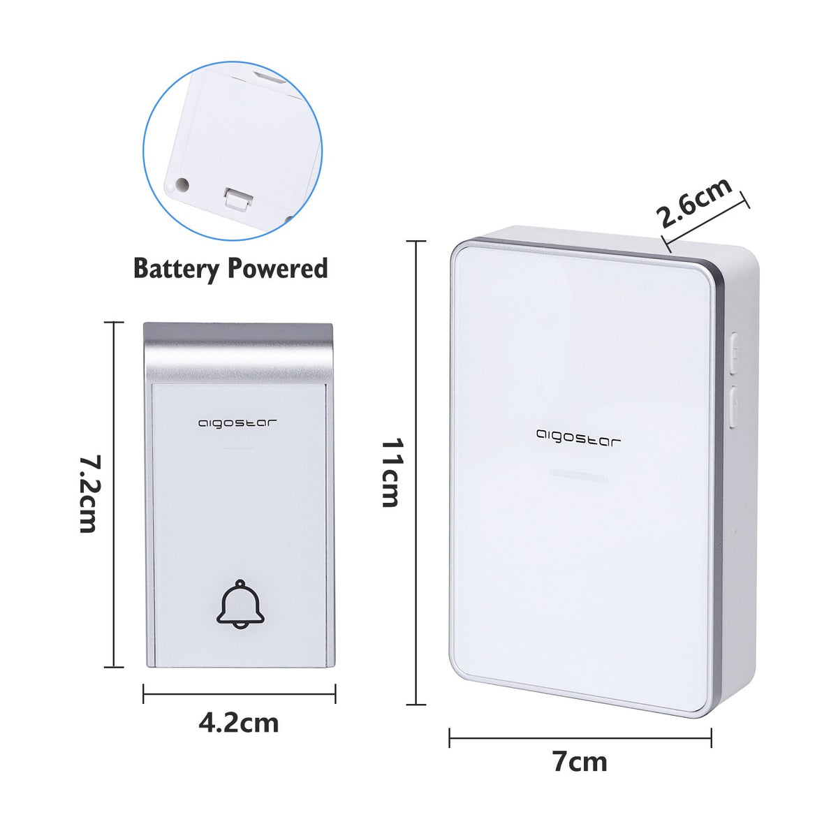 CAMPANELLO SENZA FILI A BATTERIE WIRELESS DIGITALE IP44 PORTE CASA UFFICIO PORTA 150M AIGOSTAR BIANCO-SILVER