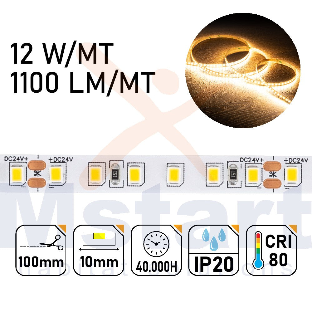 Striscia LED 60W IP20 2835 24V 12W/m 120led/m Luce 3000K CRI 80