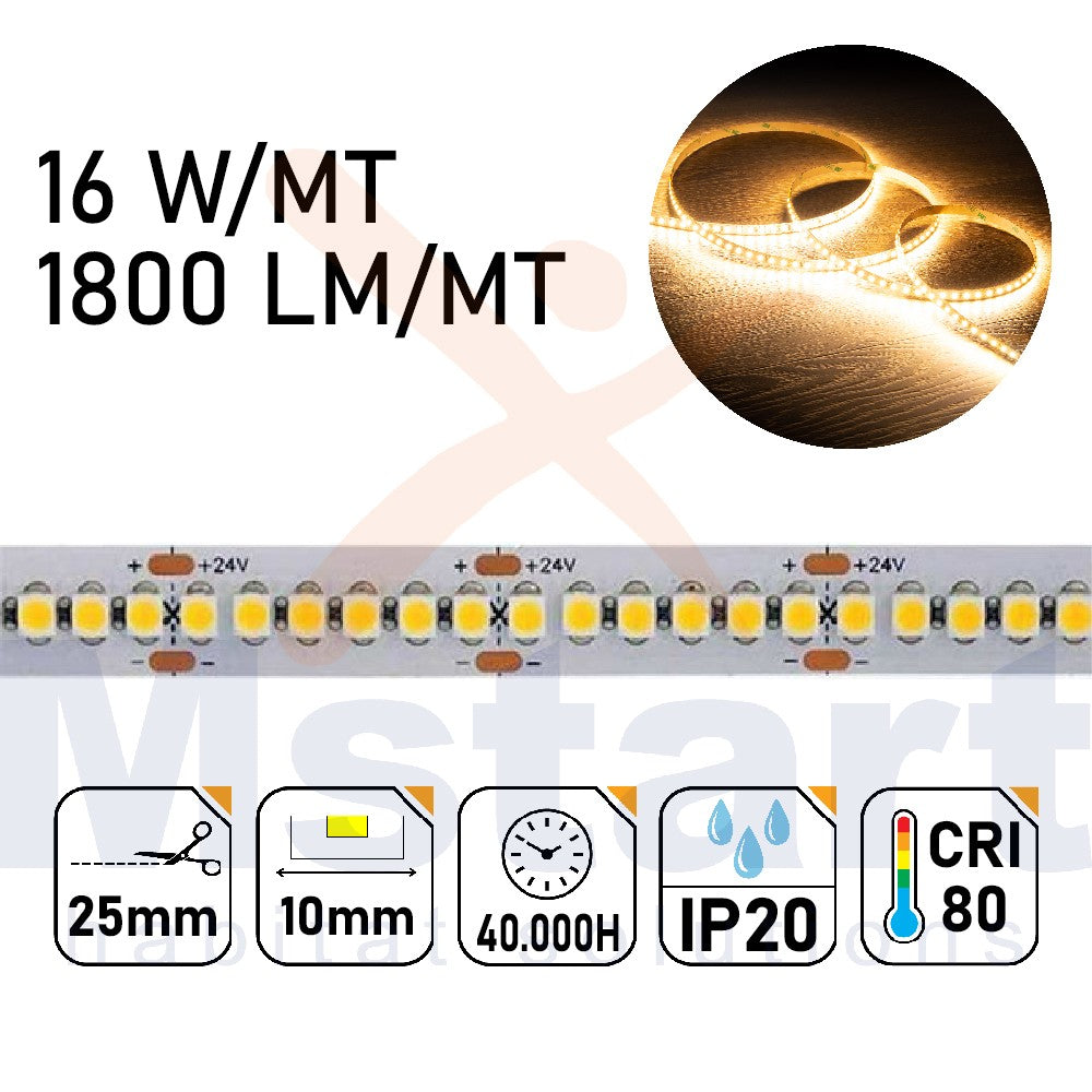 Striscia LED 80W 2835 16W/mt Luce 3000K 24V IP20 240led/mt CRI 80
