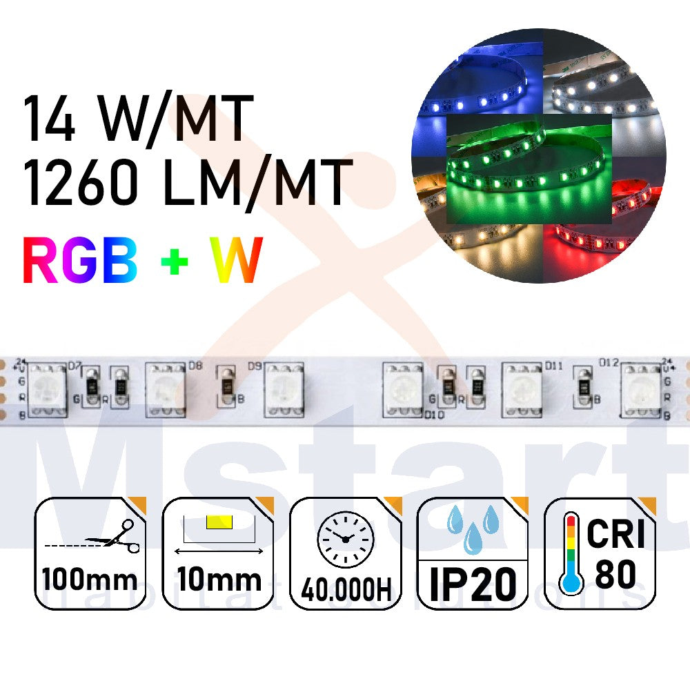 Striscia LED 24V 14W/Mt RGB+W 5MT 300 SMD 5050 Da Interno IP20