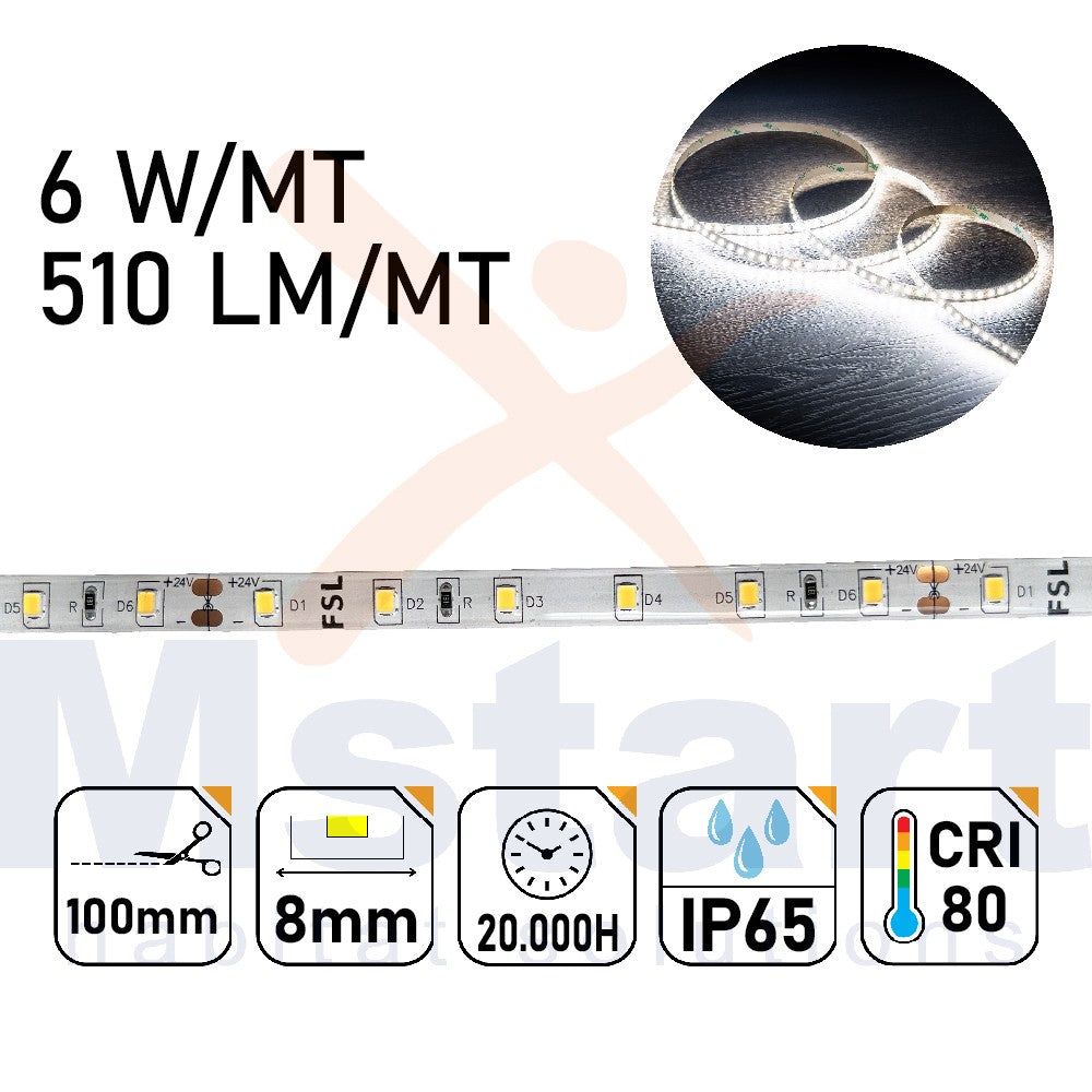 Striscia LED 5m IP65 SILICON 2835 24V - 6W/m 60led/m 6500K