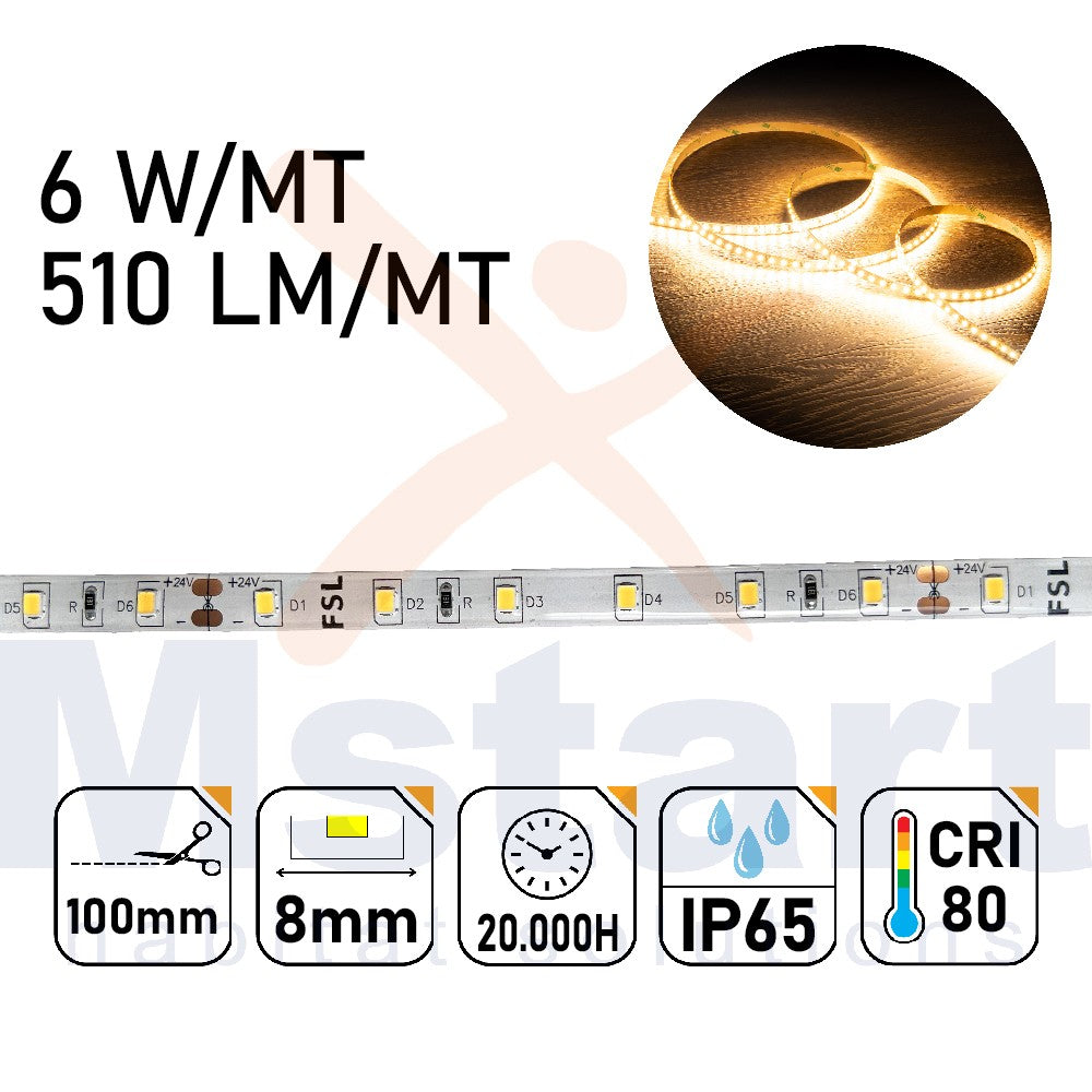 Striscia LED 5m IP65 SILICON 2835 24V - 6W/m 60led/m 3000K
