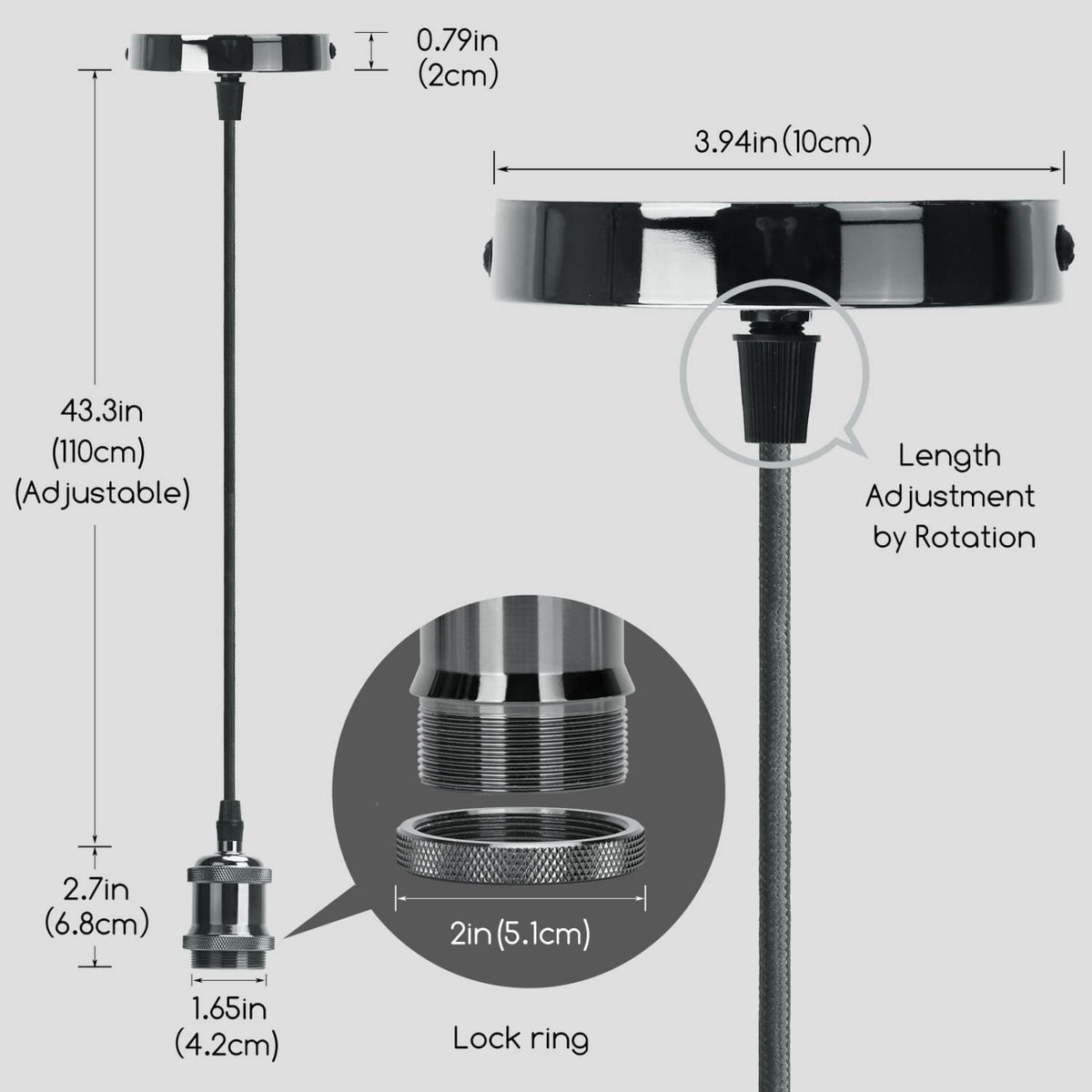 Portalampada Pendente Pendel E27 max 60W in Metallo Grigio