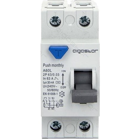 AIGOSTAR INTERRUTTORE DIFFERENZIALE SALVAVITA AC 2P 63A 30mA 240V PROTEZIONE DA DISPERSIONE VERSO TERRA