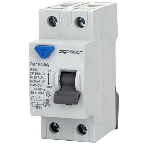 AIGOSTAR INTERRUTTORE DIFFERENZIALE SALVAVITA AC 2P 50A 30mA 240V PROTEZIONE DA DISPERSIONE VERSO TERRA