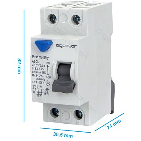 AIGOSTAR INTERRUTTORE DIFFERENZIALE SALVAVITA AC 2P 50A 30mA 240V PROTEZIONE DA DISPERSIONE VERSO TERRA