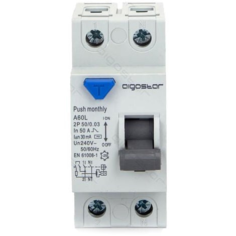 AIGOSTAR INTERRUTTORE DIFFERENZIALE SALVAVITA AC 2P 50A 30mA 240V PROTEZIONE DA DISPERSIONE VERSO TERRA