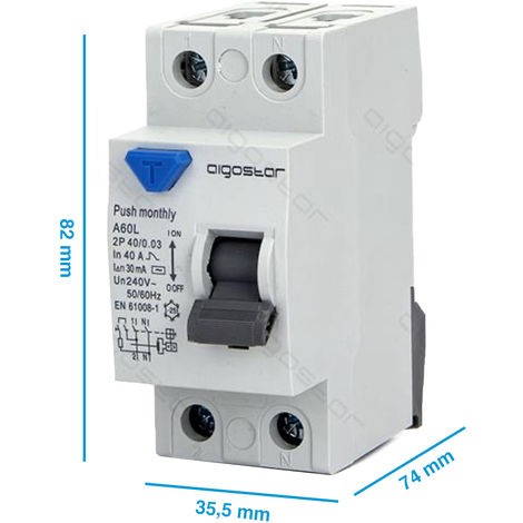 AIGOSTAR INTERRUTTORE DIFFERENZIALE SALVAVITA AC 2P 40A 30mA 240V PROTEZIONE DA DISPERSIONE VERSO TERRA