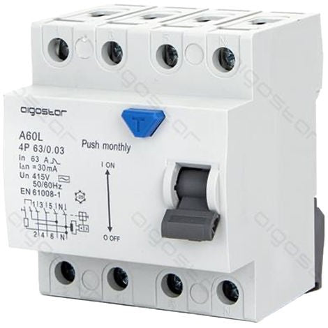 AIGOSTAR INTERRUTTORE DIFFERENZIALE SALVAVITA AC 4P 63A 30mA 415V PROTEZIONE DA DISPERSIONE VERSO TERRA