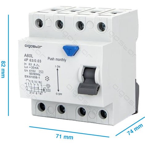 AIGOSTAR INTERRUTTORE DIFFERENZIALE SALVAVITA AC 4P 63A 30mA 415V PROTEZIONE DA DISPERSIONE VERSO TERRA