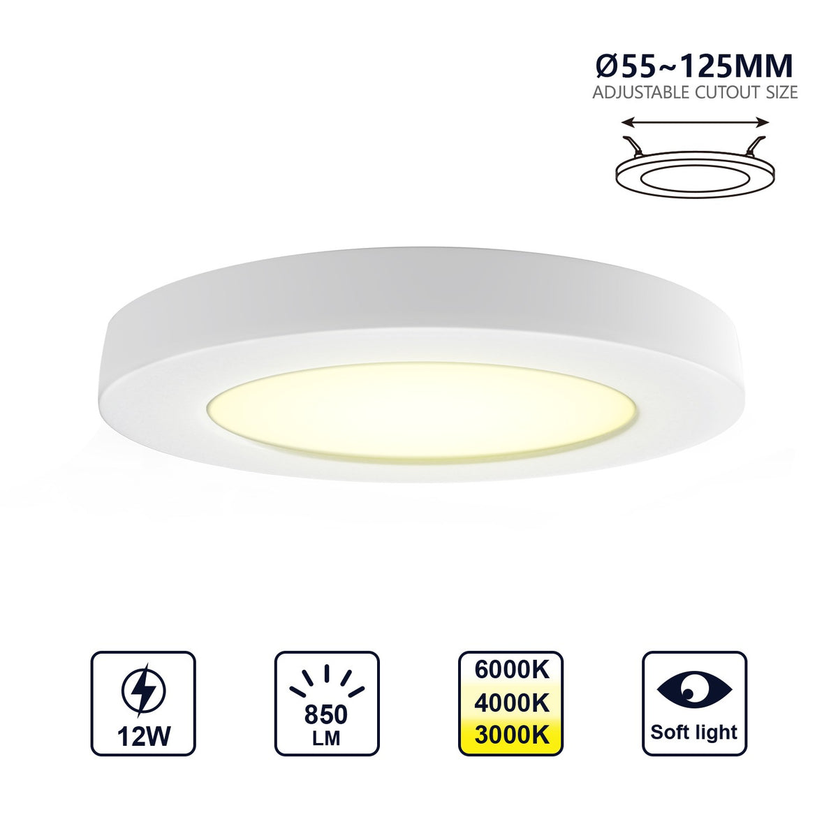 Pannello Faro led incasso 18W adattabile a foro 55-175 mm luce 3000-4000-6000K