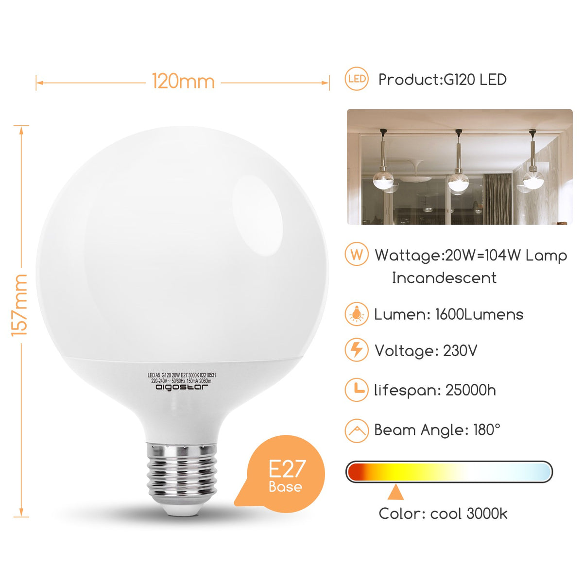 Lampadina Led G120 E27 20W Bianco Caldo 3000K 2060Lm