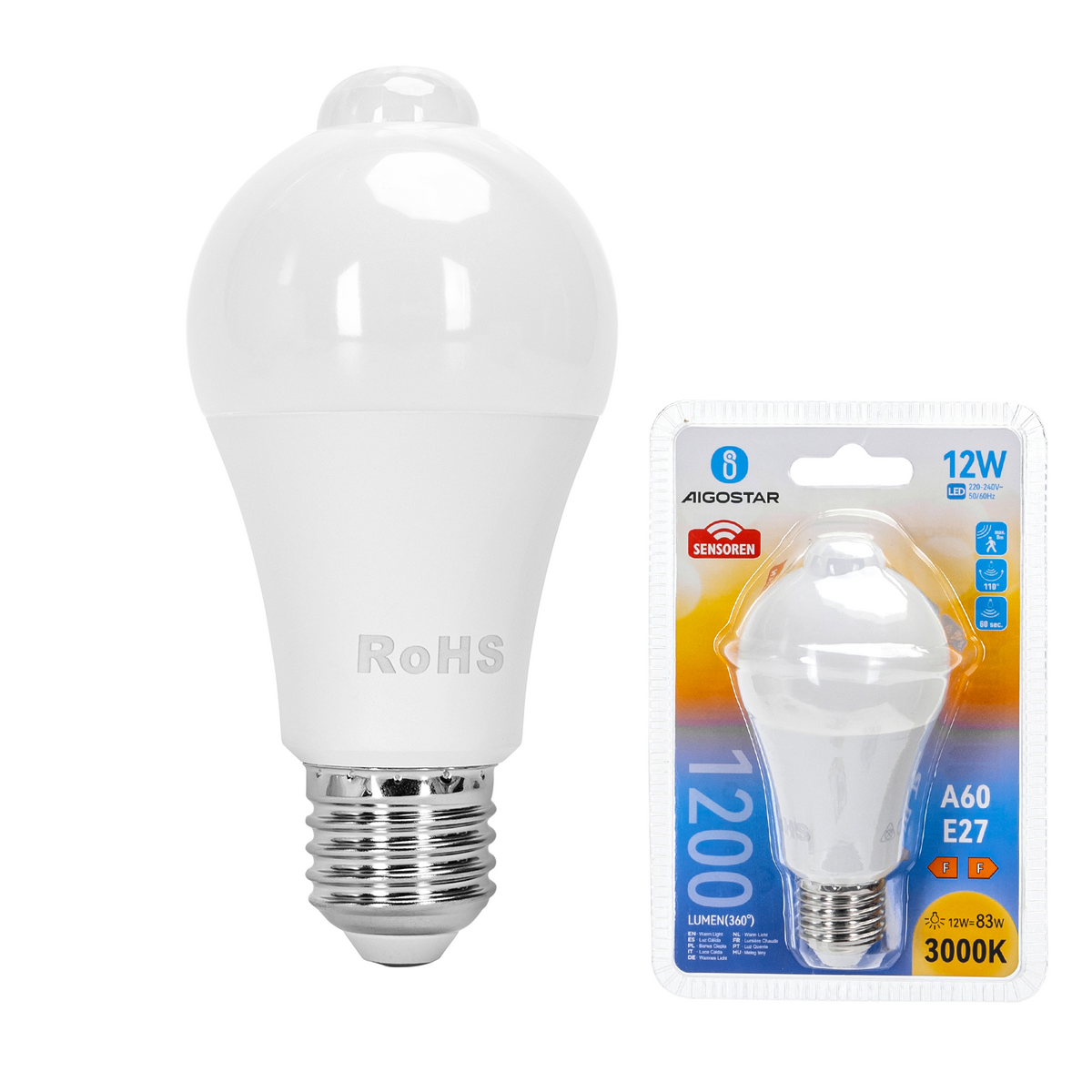 Lampadina Led A60 E27 12W Bianco Caldo 3000K con Sensore di Movimento