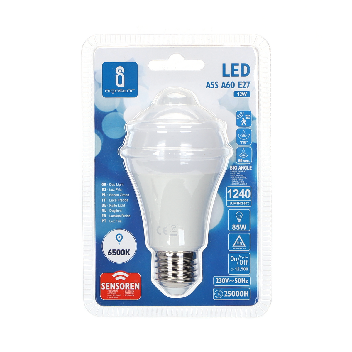 Lampadina Led A60 E27 12W Bianco Freddo 6500K con Sensore di Movimento