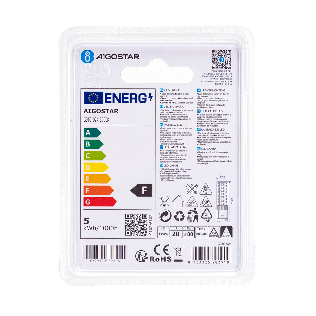 Lampadina Led G9 4,8W SMD trasparente Bianco Caldo 3000K Aigostar