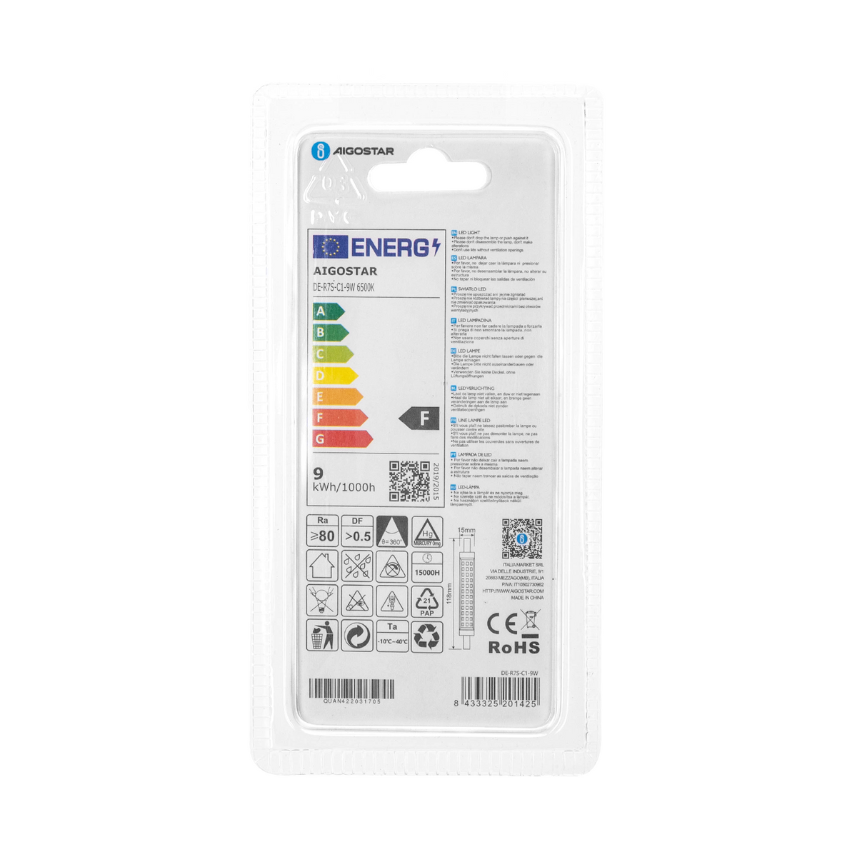 Lampadina Led R7S Lineare 118mm 9W SMD Bianco Freddo 6500K