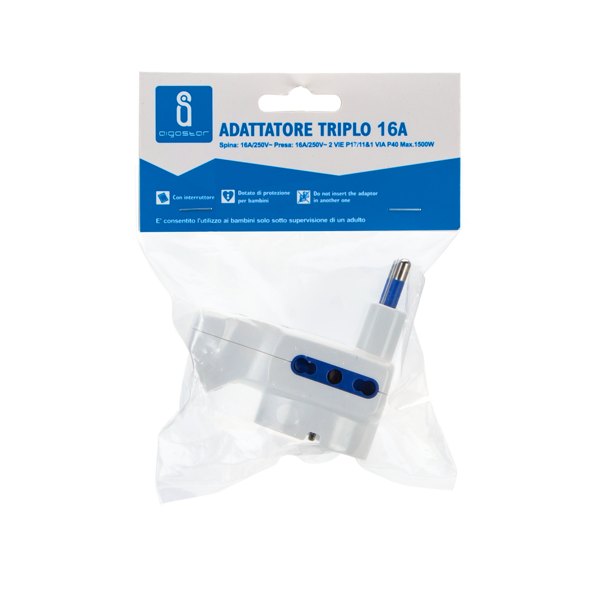 Adattatore Spina Tripla 16A Bipasso e Schuko Con Interruttore Aigostar