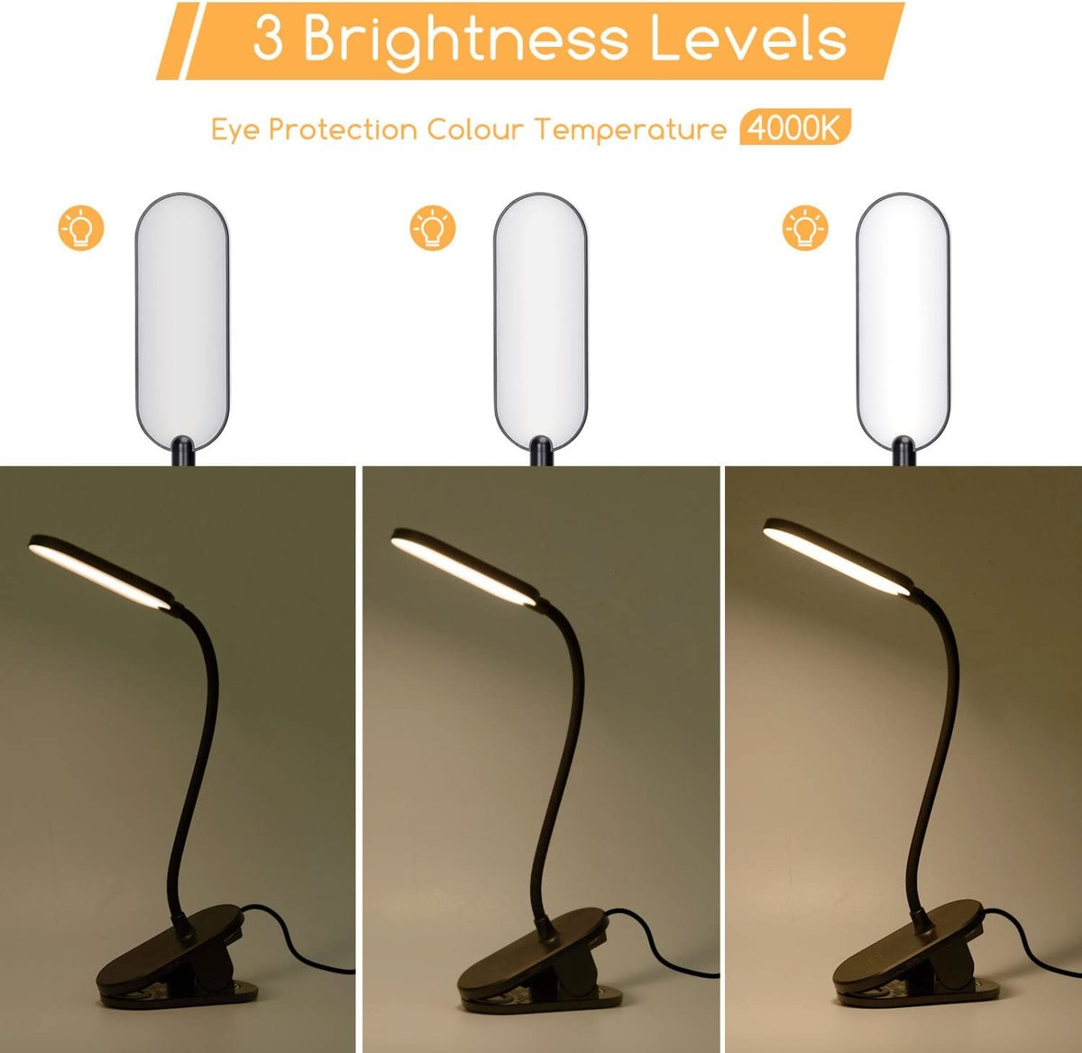 Aigostar Lampada da Tavolo LED clip 2,5W 4000K 160lm Dimmerabile Nera