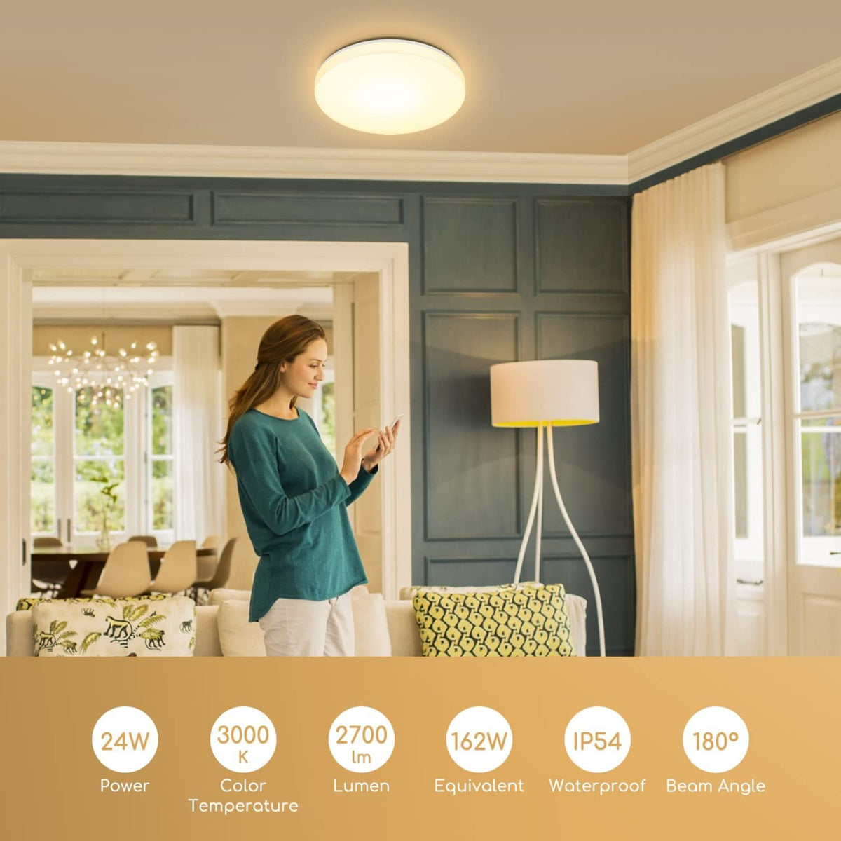 Plafoniera Led da Soffitto Impermeabile IP54 24W 2700LM Luce Calda 3000K