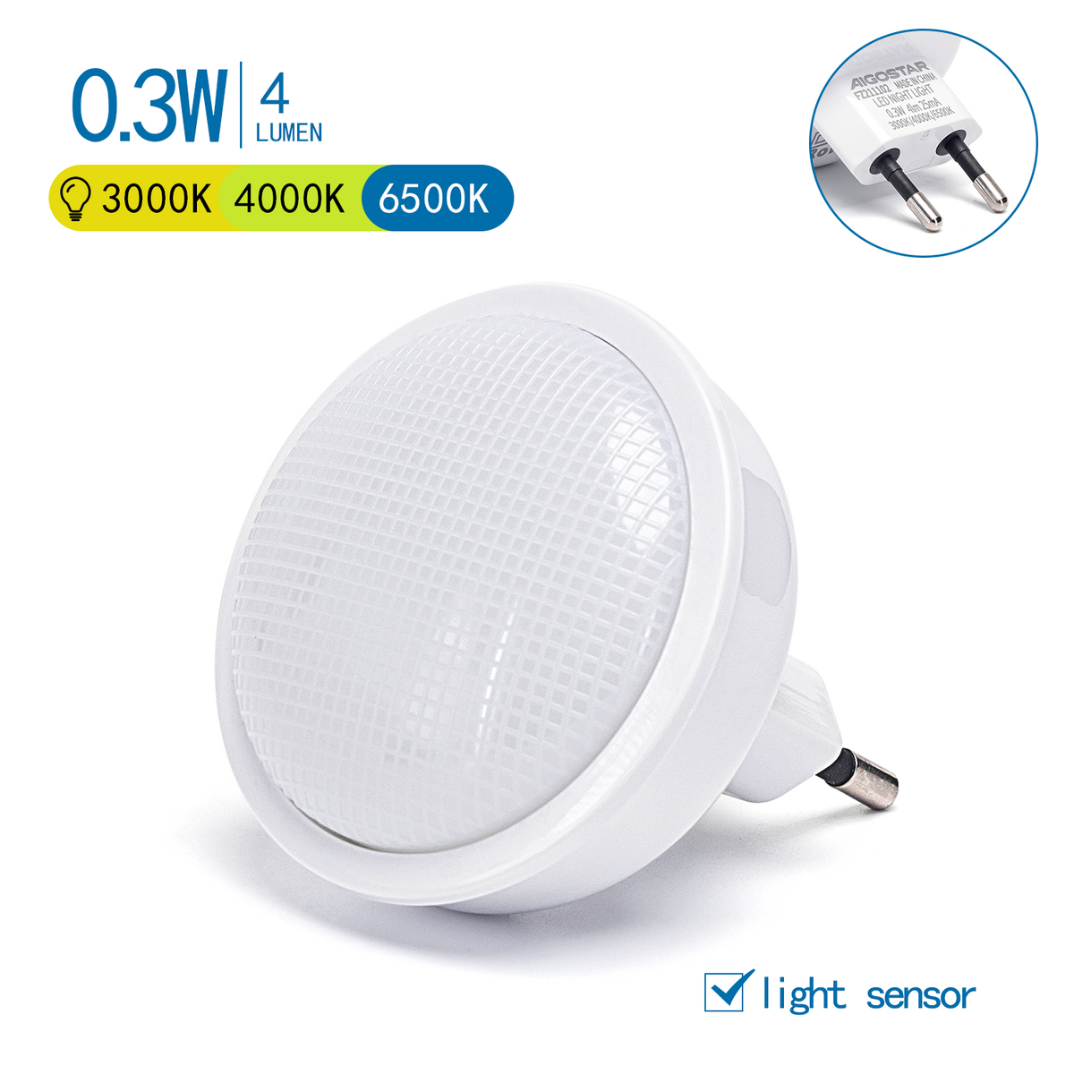 Lampada Luce Notturna a Led Rotonda da Presa 0,3W con Sensore Aigostar