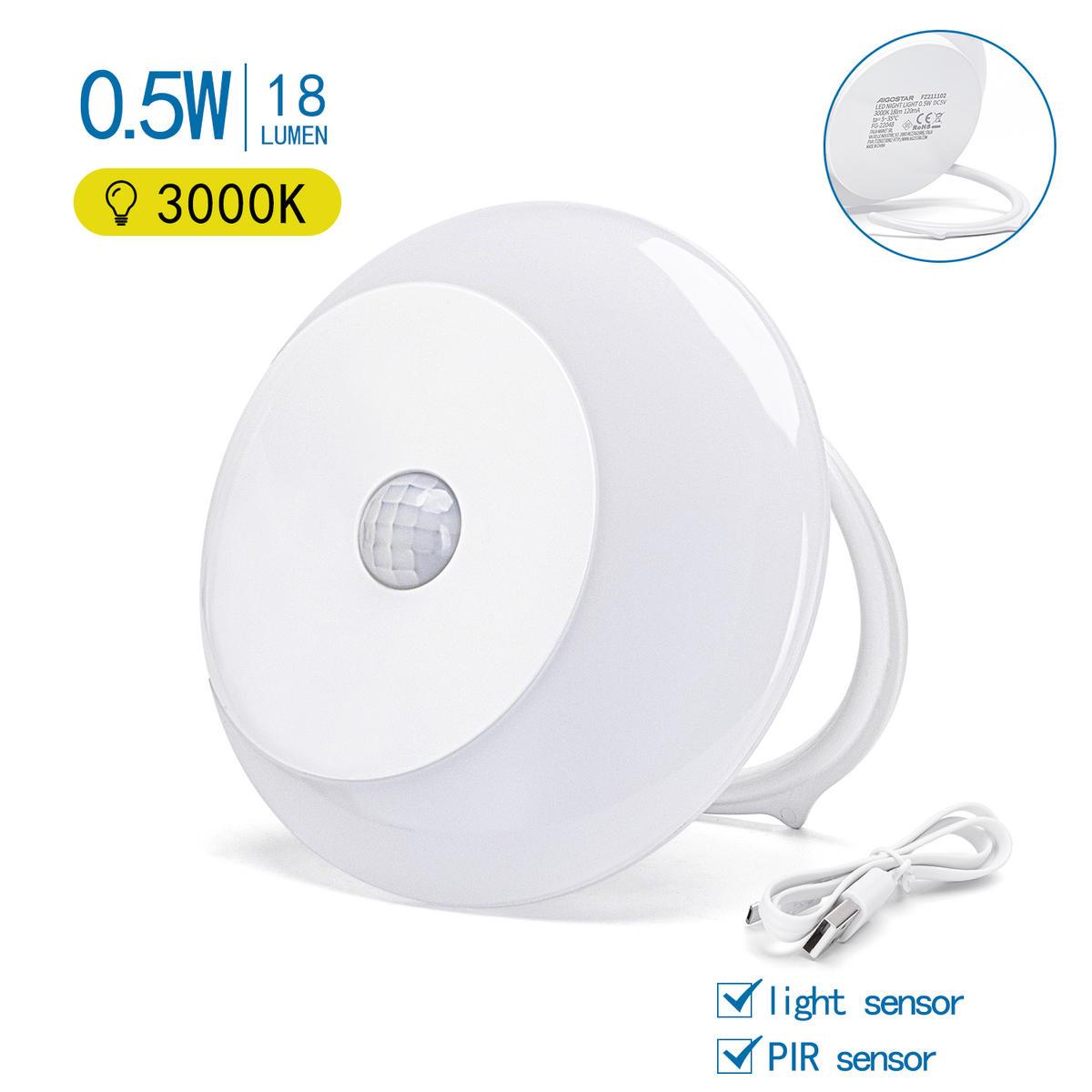 Lampada Luce Notturna a Led Rotonda a Batteria 0,5W con Sensore Aigostar