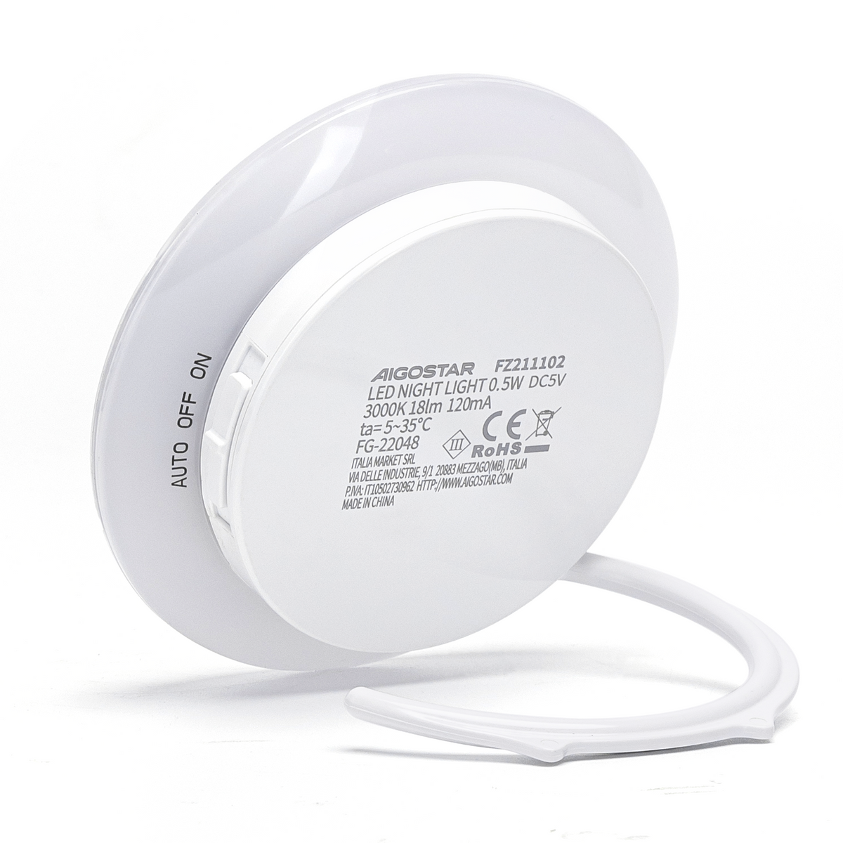 Lampada Luce Notturna a Led Rotonda a Batteria 0,5W con Sensore Aigostar