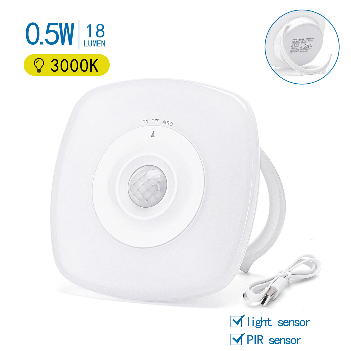 Lampada Luce Notturna a Led Quadrata a Batteria 0,5W con Sensore Aigostar