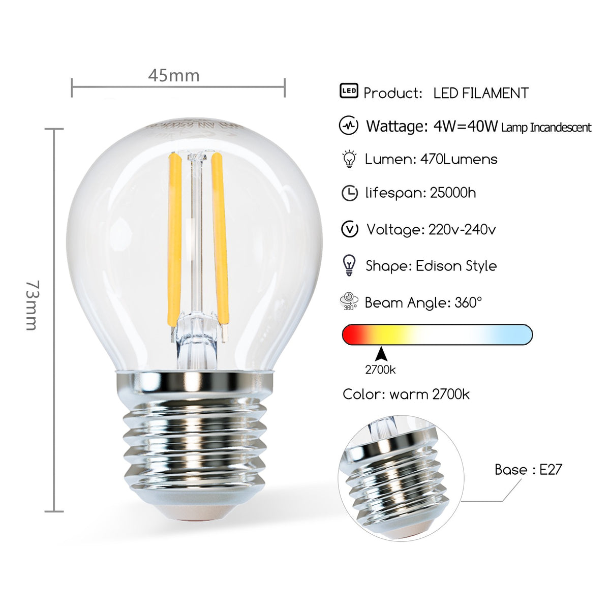 Lampadina Led a Filamento E27 G45 4W Bianco Caldo 2700K Aigostar