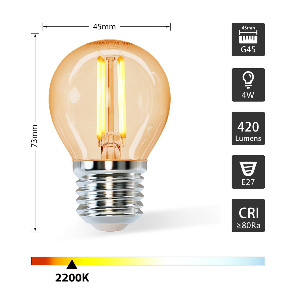 Lampadina Led Vintage a Filamento E27 G45 4W Bianco caldo 2200K