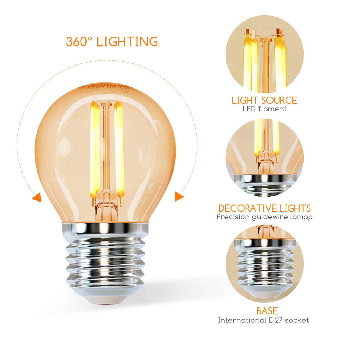 Lampadina Led Vintage a Filamento E27 G45 4W Bianco caldo 2200K