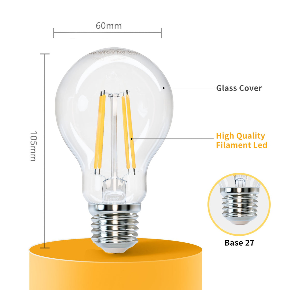 Lampadina Led a Filamento E27 A60 a Bulbo 4W Bianco Caldo 2700K