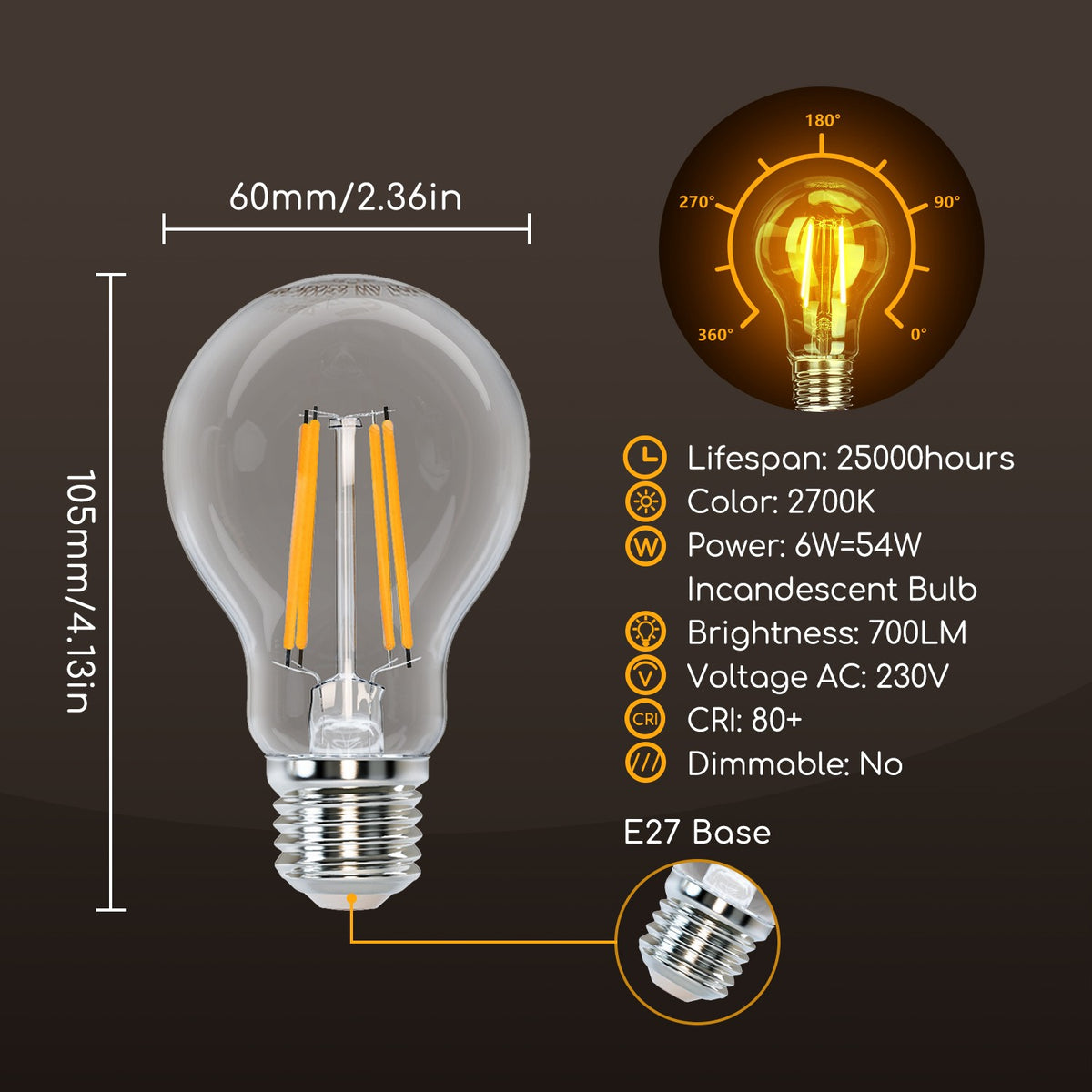 Lampadina Led a Filamento E27 A60 a Bulbo 6W Bianco Caldo 2700K
