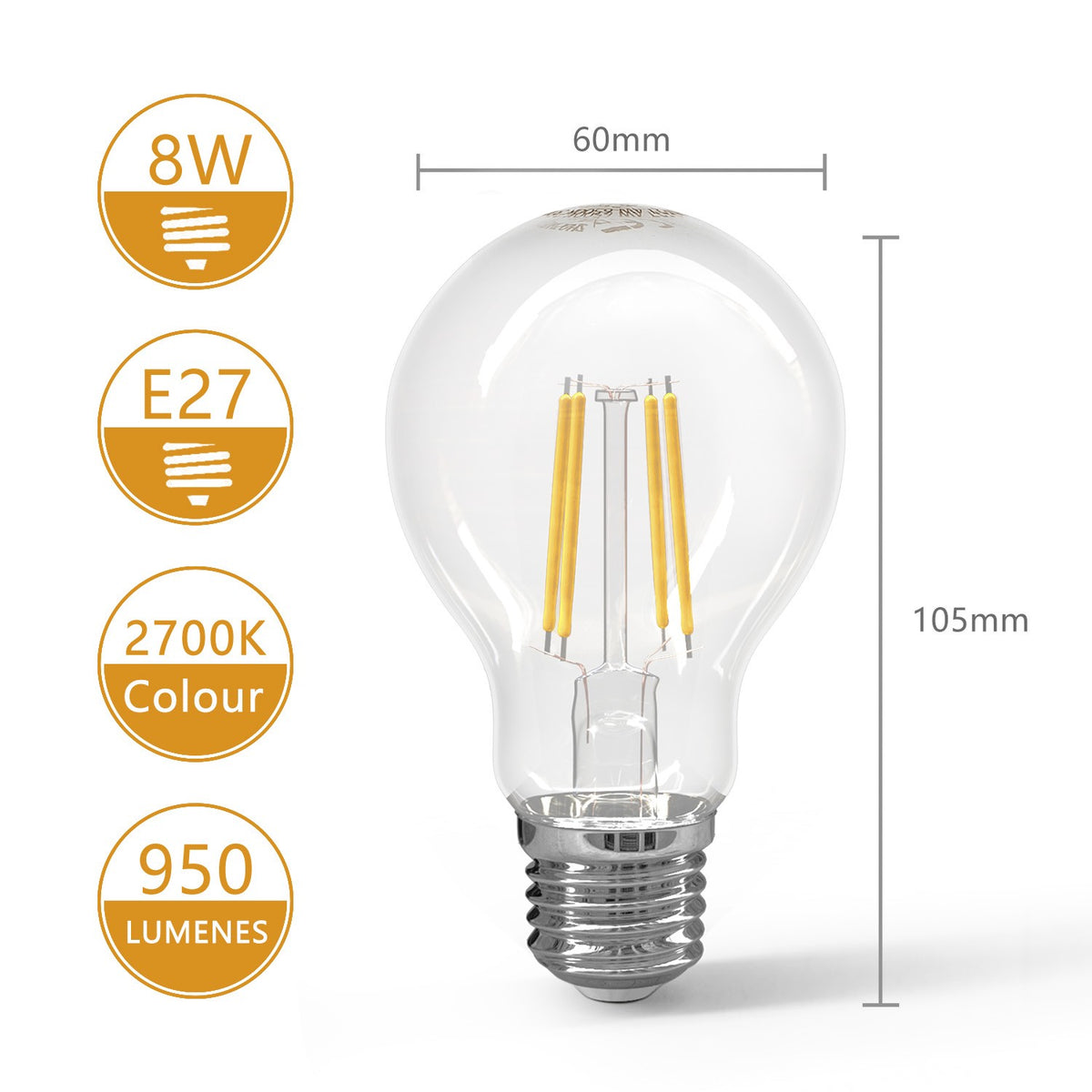 Lampadina Led a Filamento E27 A60 a Bulbo 8W Bianco Caldo 2700K