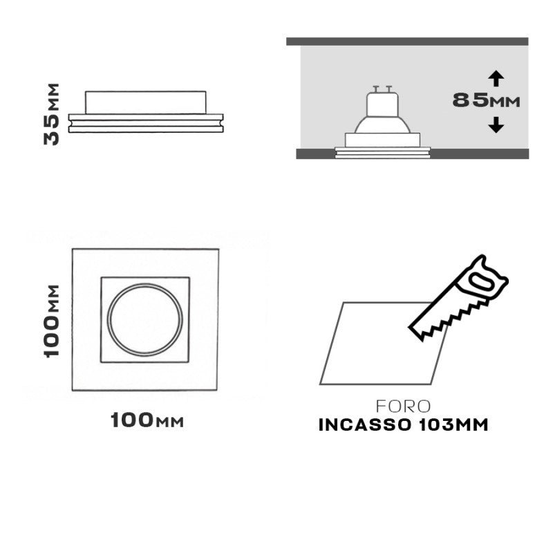 KIT 18 Portafaretti Gesso Ceramico Slim Quadrato da Incasso + 18 Lampadine GU10