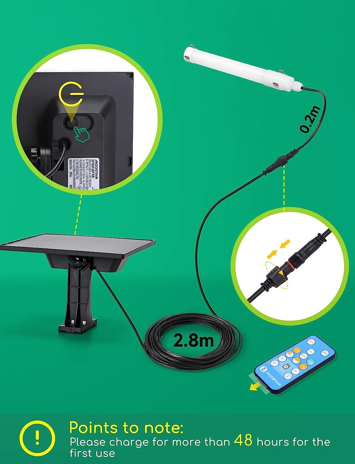 Tubo Led Solare CCT 50W Cavo 3mt 6500K IP65 Con Telecomando
