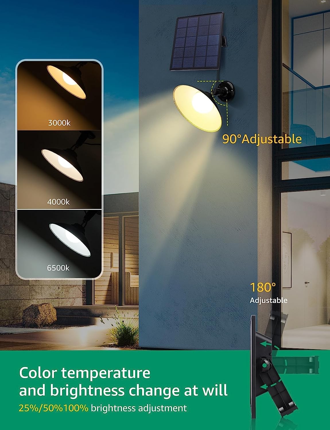 Lampada Applique Led Solare + Movimento CCT 50W Cavo 3mt 6500K IP65 Con Telecomando