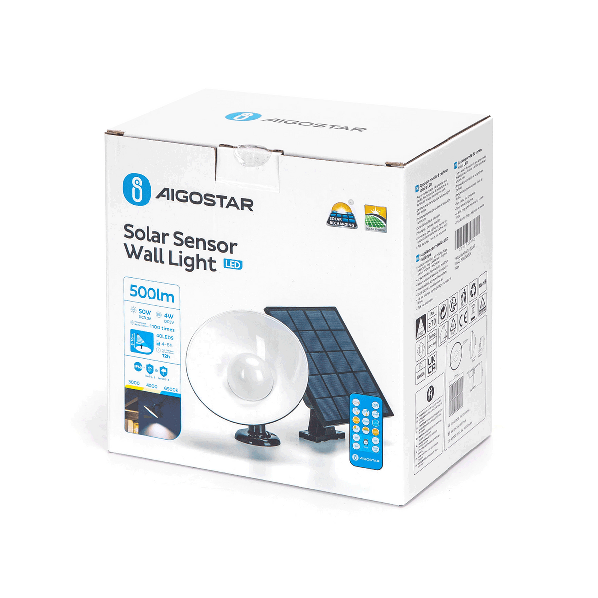 Lampada Applique Led Solare + Movimento CCT 50W Cavo 3mt 6500K IP65 Con Telecomando