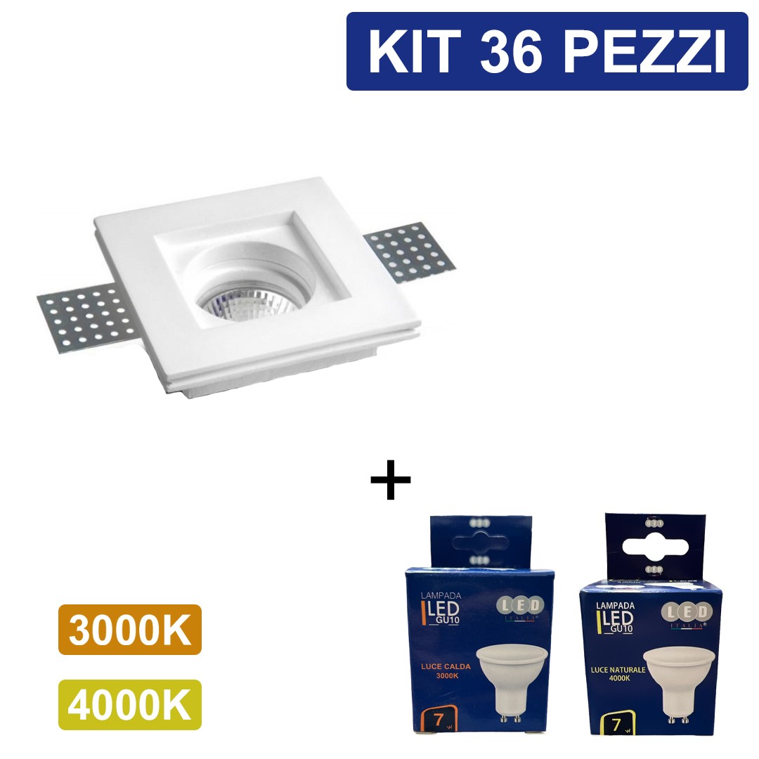 KIT 36 Portafaretti Gesso Ceramico Slim Quadrato da Incasso + 36 Lampadine GU10