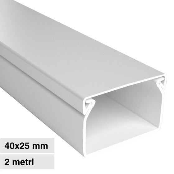 Canalina Passacavi Bianca Adesiva 40X25 In Plastica e Coperchio Lunghezza 2 Metri