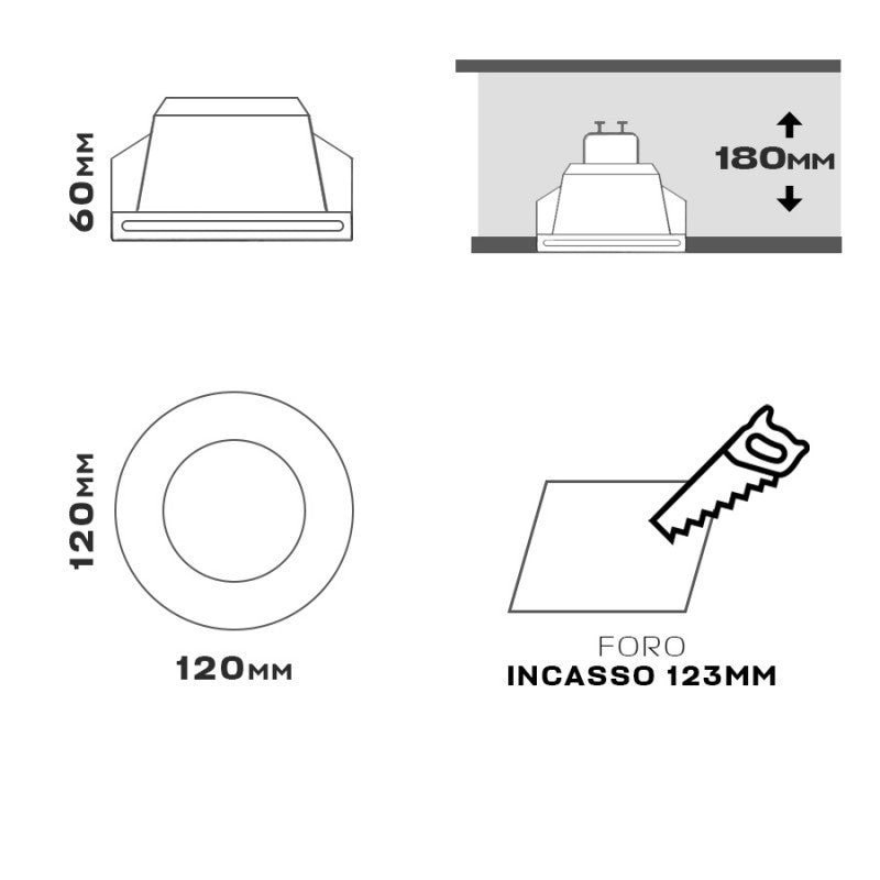 Kit 12 Portafaretto in Gesso Ceramico Rotondo Con Vetro + 12 Lampadine GU10