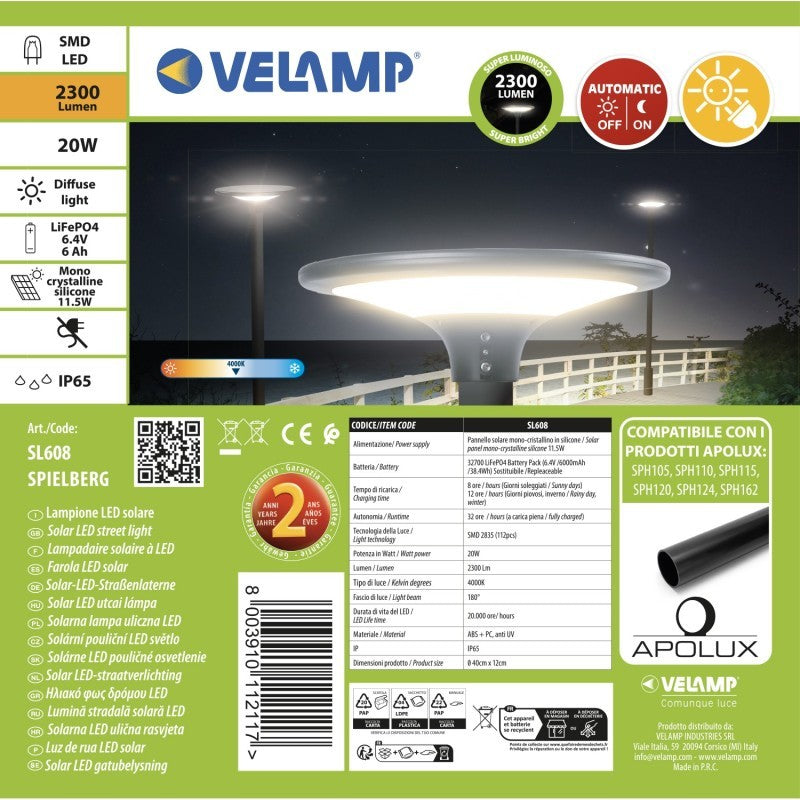 Lampione LED Solare 2300 Lumen IP65 Da Palo Luce 4000K Velamp