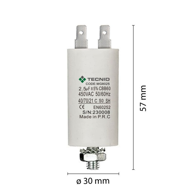 Condensatore Permanente Per Motori Elettrici 2.5 µF 450V. Dado M8